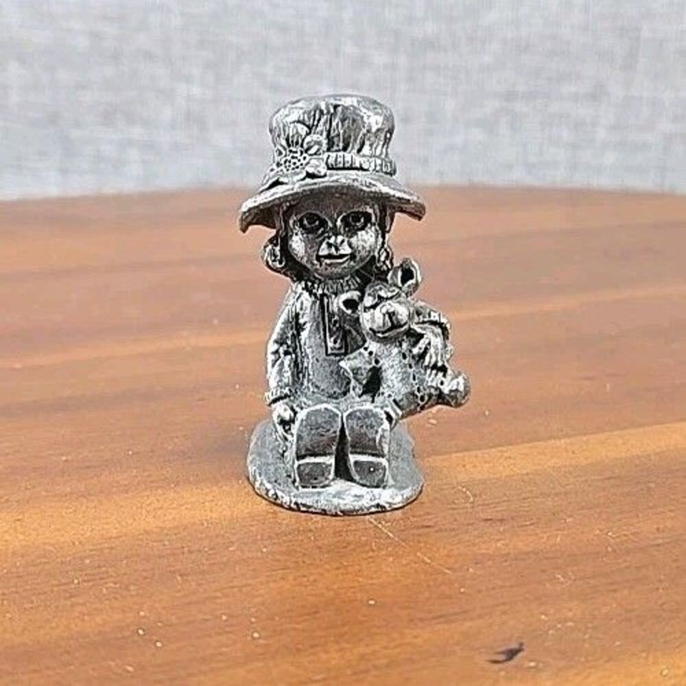 Vintage Michael Ricker Pewter Figurine -‎ Girl with Teddy Bear